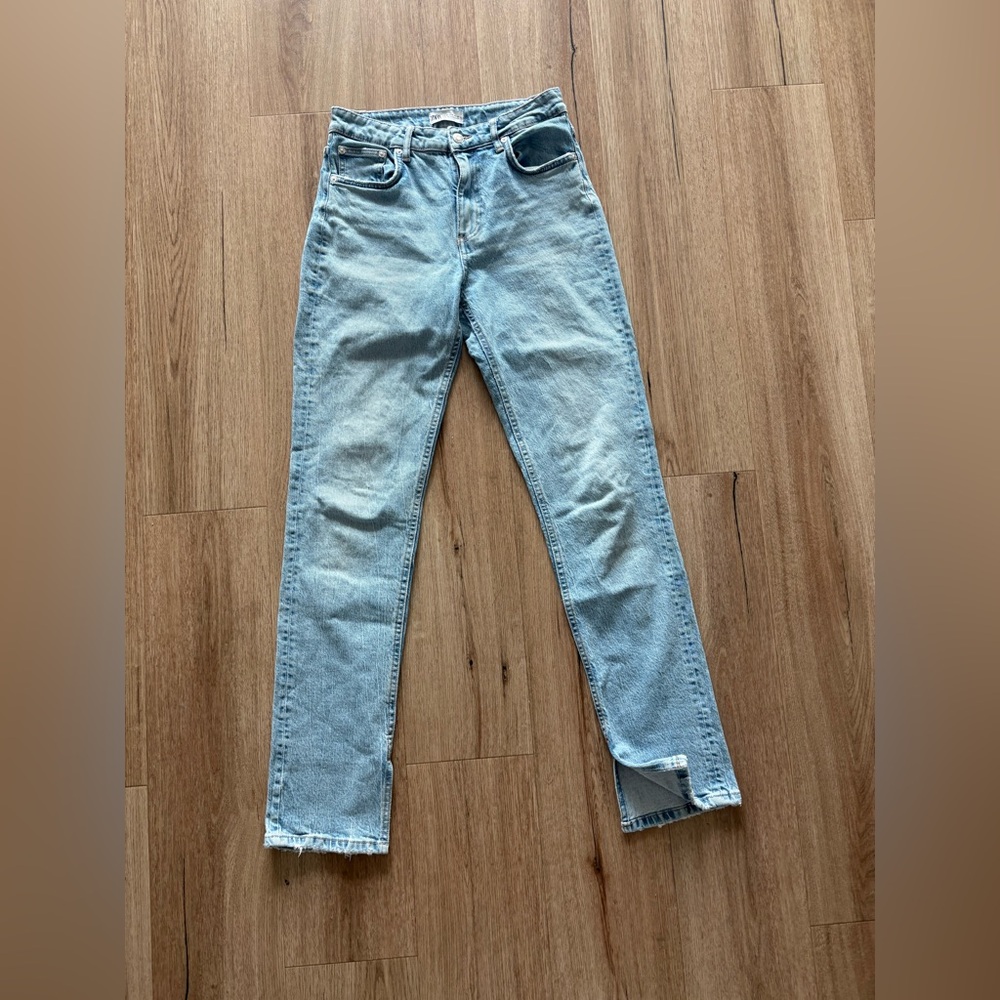 Zara Mid Rise Straight Leg Denim Jeans with Split